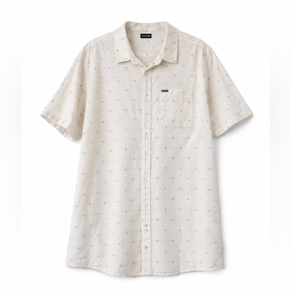 Volcom Short Sleeve Button Down Shirt Cream Blue Casual Beach Surf XL New W/Tags